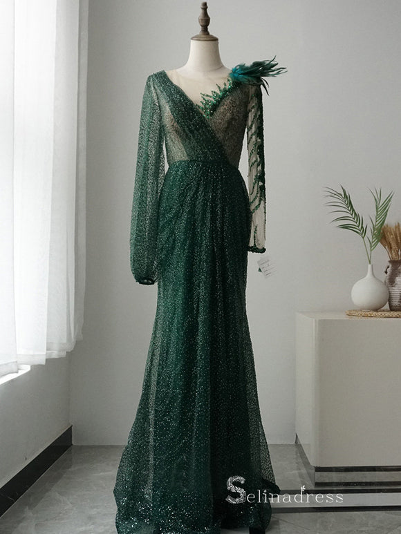 Chic Mermaid Long Sleeve luxury Long Prom Dress Beaded Green Long Evening Gowns MLH0469|Selinadress