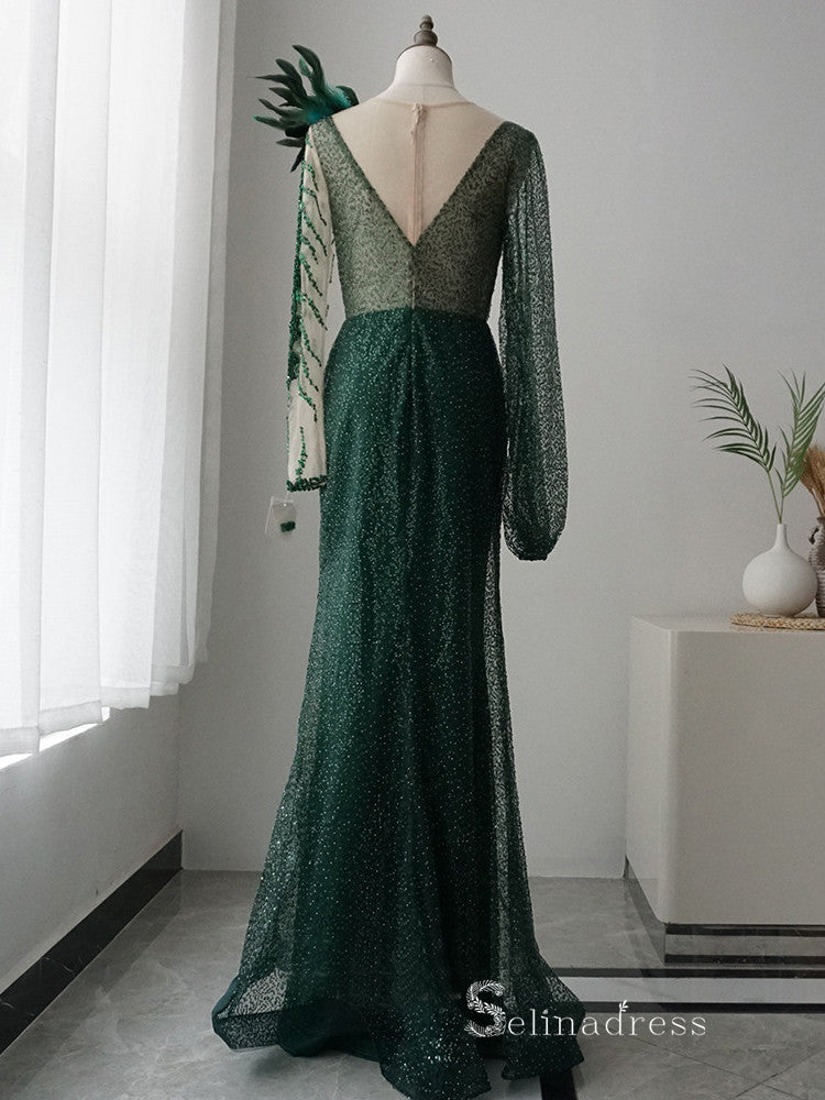 Chic Mermaid Long Sleeve luxury Long Prom Dress Beaded Green Long Even SELINADRESS Chic Mermaid Long Sleeve luxury Long Prom Dress Beaded Green Long Even SELINADRESS