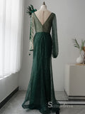 Chic Mermaid Long Sleeve luxury Long Prom Dress Beaded Green Long Evening Gowns MLH0469|Selinadress