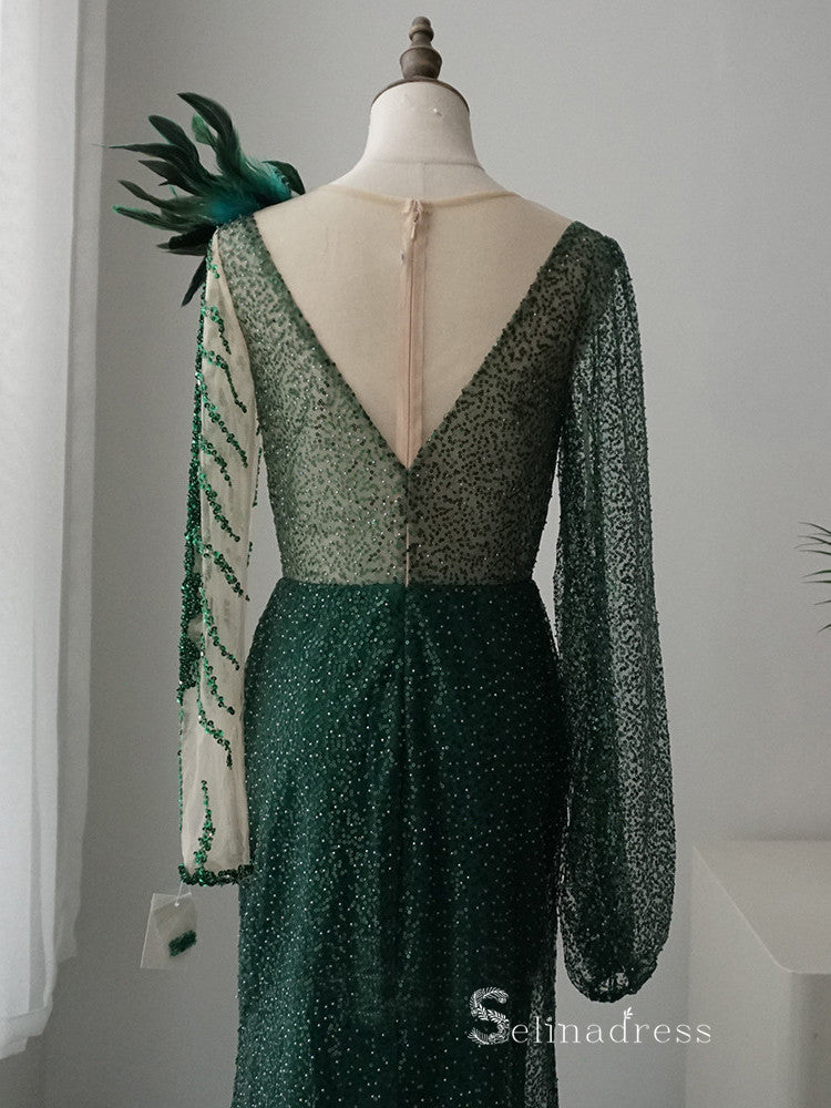 Chic Mermaid Long Sleeve luxury Long Prom Dress Beaded Green Long Even SELINADRESS Chic Mermaid Long Sleeve luxury Long Prom Dress Beaded Green Long Even SELINADRESS