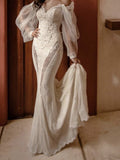 Chic Mermaid Long Sleeve Vintage Rustic Lace Wedding Dress Bridal Gowns MLS005|Selinadress