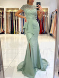 Chic Mermaid Mint Green Beaded Long Prom Dresses Short Sleeve Evening Dresses MLH1216|Selinadress