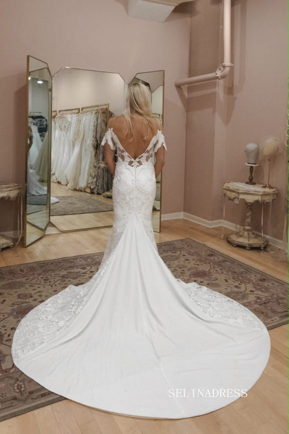 Chic Mermaid Off-the-shoulder Applique Boho Wedding Dress Rustic Backl SELINADRESS Chic Mermaid Off-the-shoulder Applique Boho Wedding Dress Rustic Backl SELINADRESS