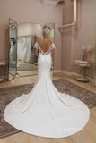 Chic Mermaid Off-the-shoulder Applique Boho Wedding Dress Rustic Backless Lace Wedding Gowns MLS048