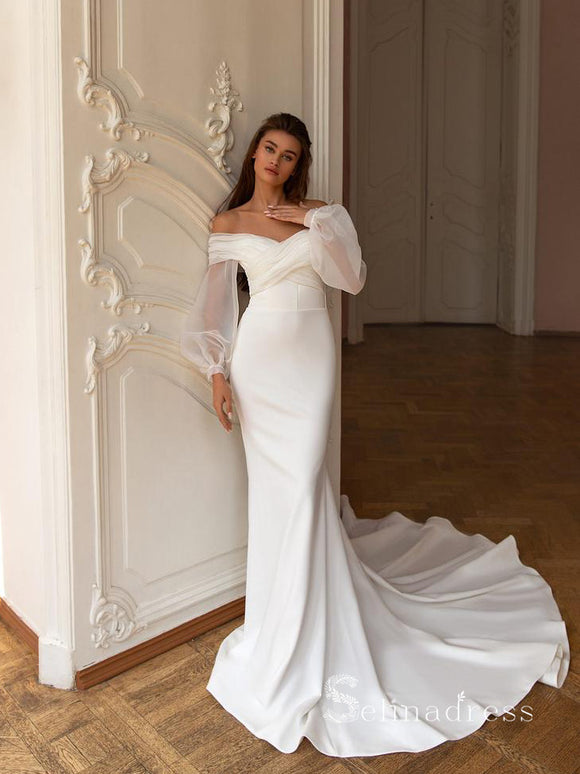 chic mermaid off the shoulder long sleeve white wedding dresses cheap bridal gowns