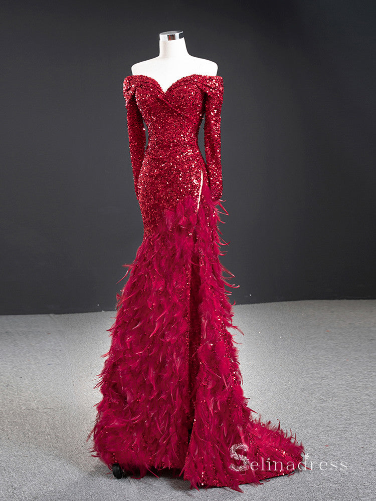 Chic Mermaid Off-the-shoulder luxury Long Prom Dress Burgundy Sparkly Evening Gowns MLH0457 Chic Mermaid Off-the-shoulder luxury Long Prom Dress Burgundy Sparkly Evening Gowns MLH0457