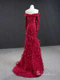 Chic Mermaid Off-the-shoulder luxury Long Prom Dress Burgundy Sparkly Evening Gowns MLH0457
