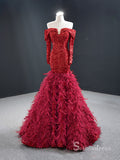 Chic Mermaid Off-the-shoulder luxury Long Prom Dress Burgundy Sparkly Evening Gowns MLH0458