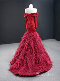 Chic Mermaid Off-the-shoulder luxury Long Prom Dress Burgundy Sparkly Evening Gowns MLH0458