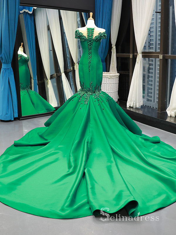 Chic Mermaid Off-the-shoulder luxury Prom Dress Applique Green Prom Dr SELINADRESS Chic Mermaid Off-the-shoulder luxury Prom Dress Applique Green Prom Dr SELINADRESS