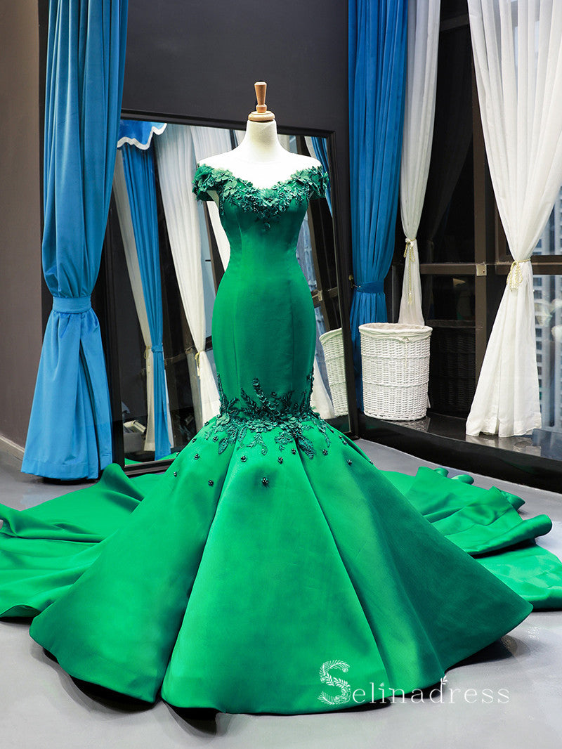 Chic Mermaid Off-the-shoulder luxury Prom Dress Applique Green Prom Dr SELINADRESS Chic Mermaid Off-the-shoulder luxury Prom Dress Applique Green Prom Dr SELINADRESS