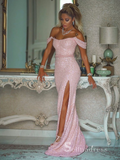 Chic Mermaid Off-the-shoulder Pink Sparkly Long Prom Dresses Sequins Long Evening Gowns MLH025|Selinadress