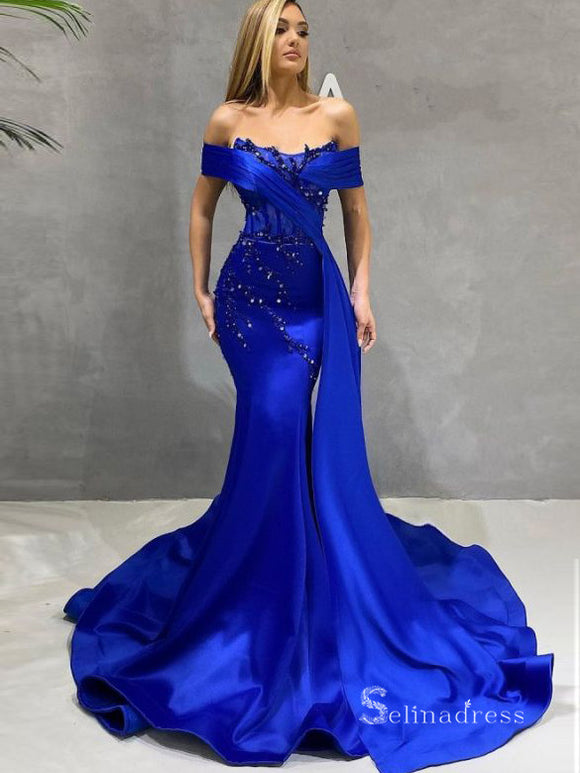 Chic Mermaid Off-the-shoulder Royal Blue Long Prom Dresses Cheap Satin Evening Dresses MLH1211|Selinadress