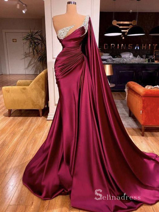 Chic Mermaid One Shoulder Beaded Long Prom Dresses Burgundy Satin Evening Gowns MHL2864|Selinadress