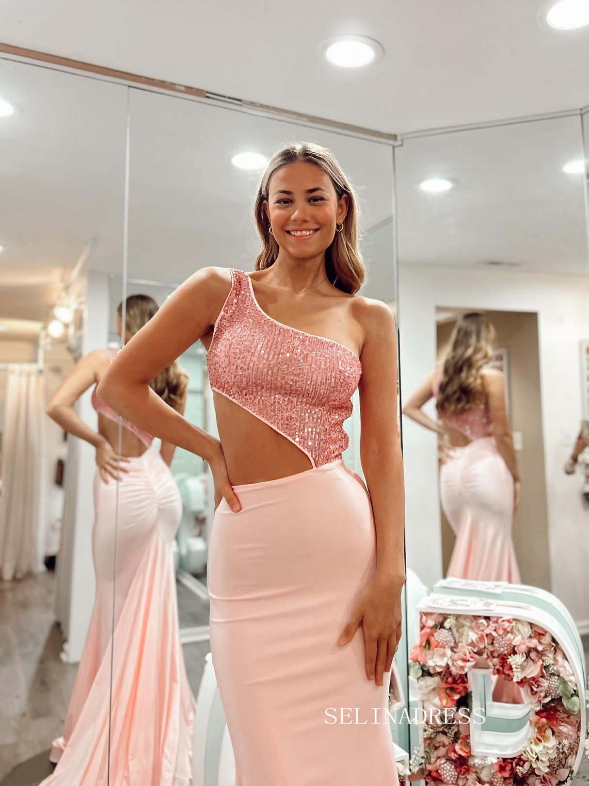 Chic Mermaid One Shoulder Sequins Long Prom Dresses Pearl Pink Formal Dress Evening Gown JKSS611 Chic Mermaid One Shoulder Sequins Long Prom Dresses Pearl Pink Formal Dress Evening Gown JKSS611