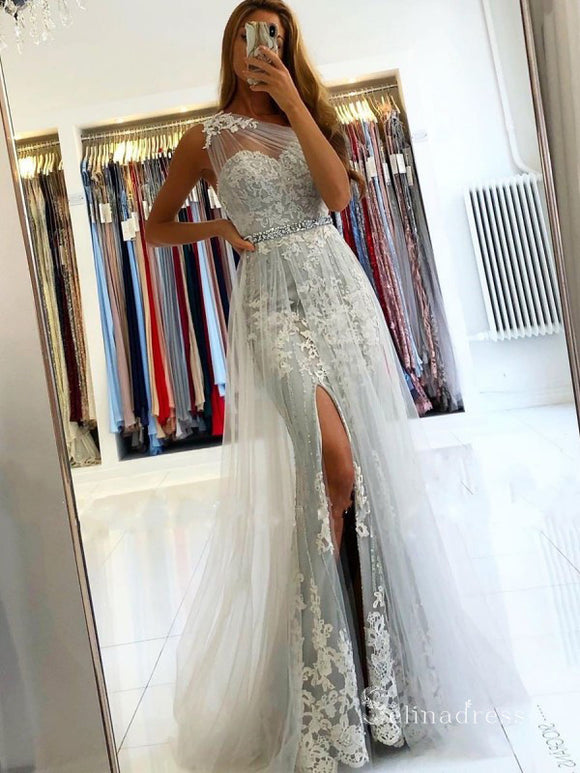 Chic Mermaid One Shoulder Gray Applique Long Prom Dresses Cheap Evening Dresses MLH1222|Selinadress
