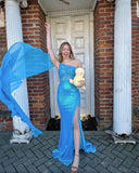 Chic Mermaid One Shoulder Sequins Lace Long Prom Dress Blue Elegant Evening Dress #JKSS59|Selinadress