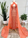 Chic Mermaid Orange Long Prom Dresses Beaded Evening Gowns Pageant Dress TKL062|Selinadress