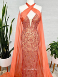 Chic Mermaid Orange Long Prom Dresses Beaded Evening Gowns Pageant Dress TKL062|Selinadress