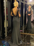 Chic Mermaid Scoop Black Long Prom Dresses Long Sleeve Applique Evening Gowns MHL2810|Selinadress