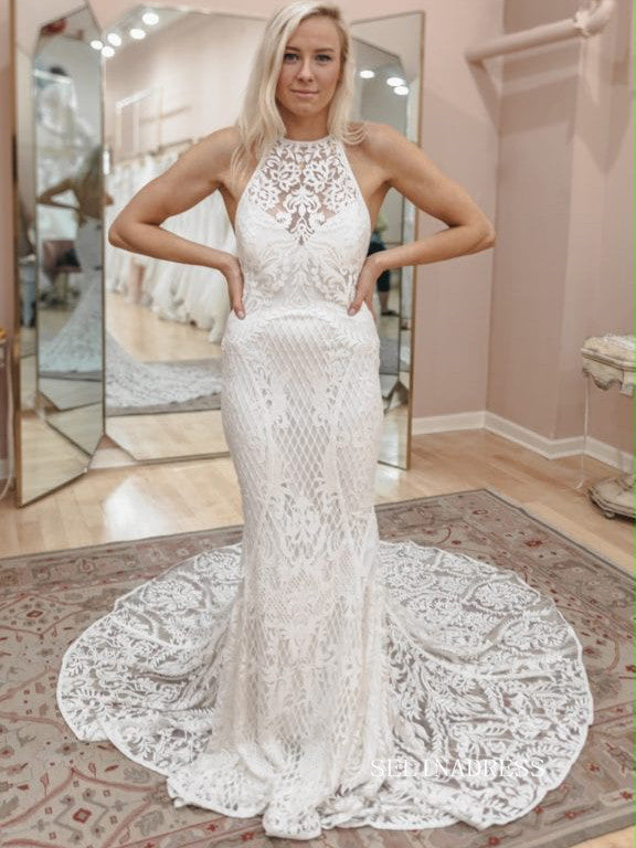 Chic Mermaid Scoop Boho Wedding Dress Rustic Backless Lace Wedding Gowns MLS046|Selinadress