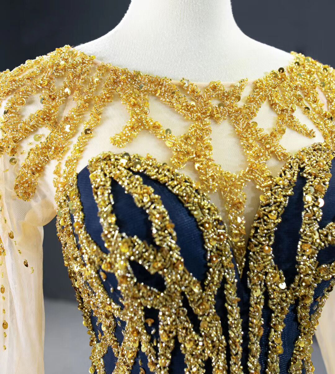 Chic Mermaid Scoop Long Sleeve luxury Long Prom Dress Dark Navy Gold B SELINADRESS Chic Mermaid Scoop Long Sleeve luxury Long Prom Dress Dark Navy Gold B SELINADRESS