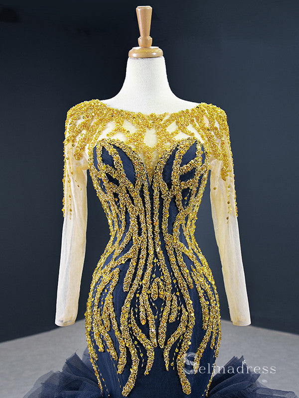 Chic Mermaid Scoop Long Sleeve luxury Long Prom Dress Dark Navy Gold B SELINADRESS Chic Mermaid Scoop Long Sleeve luxury Long Prom Dress Dark Navy Gold B SELINADRESS