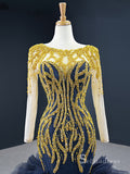 Chic Mermaid Scoop Long Sleeve luxury Long Prom Dress Dark Navy Gold Beaded Evening Gowns MLH0459|Selinadress