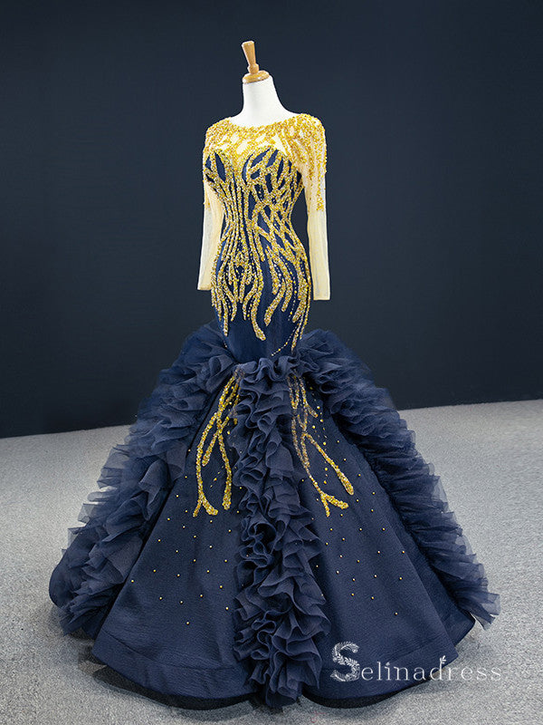 Chic Mermaid Scoop Long Sleeve luxury Long Prom Dress Dark Navy Gold B SELINADRESS Chic Mermaid Scoop Long Sleeve luxury Long Prom Dress Dark Navy Gold B SELINADRESS