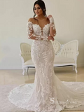 Chic Mermaid Scoop Long Sleeve Rustic  Lace Wedding Dress Backless Bridal Gowns MLH0495|Selinadress