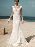 Chic Mermaid Scoop Long Sleeve Rustic Lace Wedding Gowns Boho Wedding Gowns MLS002|Selinadress