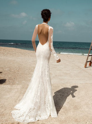 Chic Mermaid Scoop Long Sleeve Rustic Lace Wedding Gowns Boho Wedding SELINADRESS Chic Mermaid Scoop Long Sleeve Rustic Lace Wedding Gowns Boho Wedding SELINADRESS