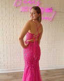 Chic Mermaid Spaghetti Straps Applique Lace Long Prom Dress Hot Pink Elegant Evening Dress #JKSS54|Selinadress
