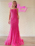 Chic Mermaid Spaghetti Straps Applique Lace Long Prom Dress Hot Pink Elegant Evening Dress #JKSS54|Selinadress