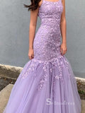Chic Mermaid Spaghetti Straps Applique Prom Dresses Lilac Long Evening Dress CBD043