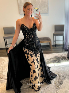Chic Mermaid Spaghetti Straps Black Long Prom Dresses Applique Evening Dress Formal Dresses TKL075|Selinadress