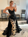 Chic Mermaid Spaghetti Straps Black Long Prom Dresses Applique Evening Dress Formal Dresses TKL075|Selinadress