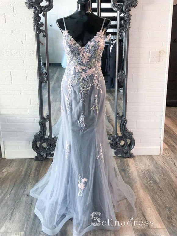 Chic Mermaid Spaghetti Straps Blue Long Prom Dresses Applique Evening Dress CBD532|Selinadress