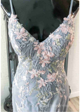 Chic Mermaid Spaghetti Straps Blue Long Prom Dresses Applique Evening Dress CBD532|Selinadress