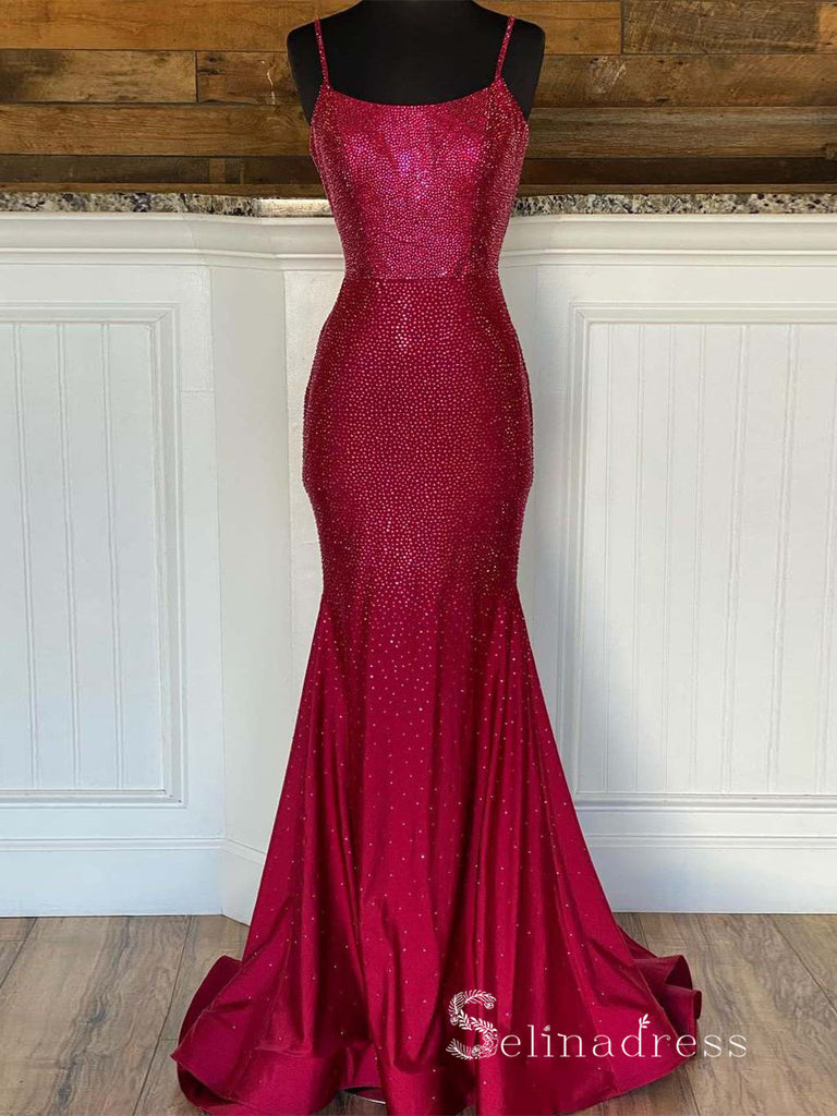 Chic Mermaid Spaghetti Straps Burgundy Long Prom Dresses Sparkly Eveni   SELINADRESS