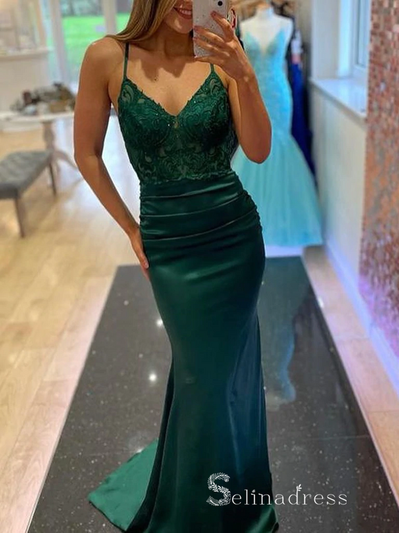 Chic Mermaid Spaghetti Straps Dark Green Long Prom Dresses Lace Evening Dresses MLH1237|Selinadress