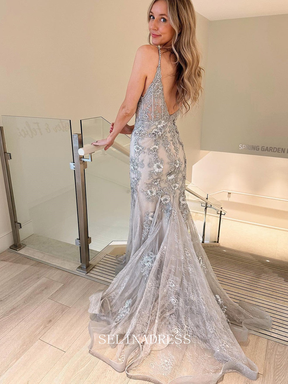 Chic Mermaid Spaghetti Straps Elegant Gray Prom Dress Lace Beaded Form SELINADRESS Chic Mermaid Spaghetti Straps Elegant Gray Prom Dress Lace Beaded Form SELINADRESS
