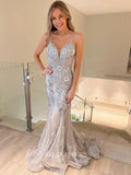 Chic Mermaid Spaghetti Straps Elegant Gray Prom Dress Lace Beaded Formal Gown Evening Dress #LOP209|Selinadress