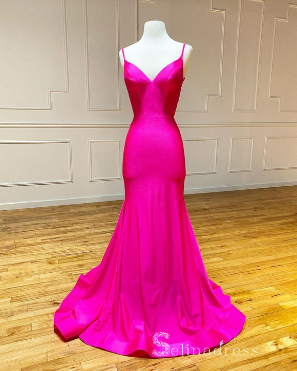 Chic Mermaid Spaghetti Straps Fuchsia Long Prom Dresses Cheap Evening Dress CBD376|Selinadress