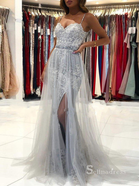 Chic Mermaid Spaghetti Straps Gray Long Prom Dresses Applique Evening Dresses MLH1224|Selinadress