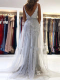 Chic Mermaid Spaghetti Straps Gray Long Prom Dresses Applique Evening Dresses MLH1224|Selinadress