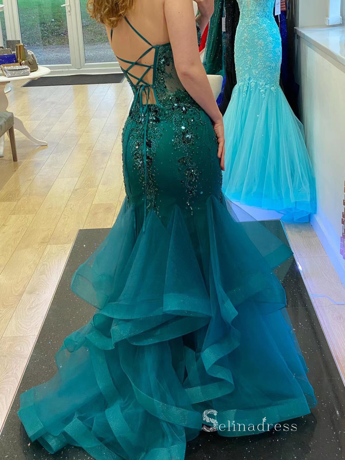 Chic Mermaid Spaghetti Straps Green Long Prom Dresses Beaded Evening D SELINADRESS Chic Mermaid Spaghetti Straps Green Long Prom Dresses Beaded Evening D SELINADRESS