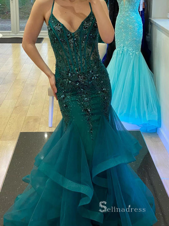 Chic Mermaid Spaghetti Straps Green Long Prom Dresses Beaded Evening Dress MLK029|Selinadress