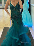 Chic Mermaid Spaghetti Straps Green Long Prom Dresses Beaded Evening Dress MLK029|Selinadress