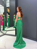 Chic Mermaid Spaghetti Straps Halter Long Prom Dress Hunter Sequins Elegant Evening Dress #OPW005|Selinadress
